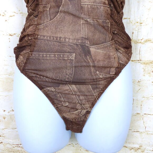 Y2K Bodysuit Women M Brown Jean Pocket Trompe Loeil Mesh Sheer Ruched V-neck VTG - Picture 6 of 15